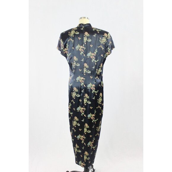 Vintage 00's SCARLET Black Oriental Floral Satin Cheongsam Qipao Dress, Size 13 - Picture 4 of 14